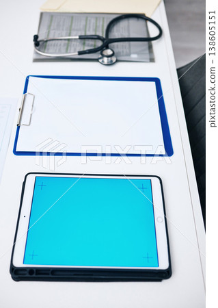 Tablet mockup, screen and hospital desk, healthcare background and documents for medical services. Digital technology, blue space and paperwork with empty clinic for registration, report or charts Tablet mockup, screen and hospital desk, healthcare background and documents for medical services. Digital technology, blue space and paperwork with empty clinic for registration, report or charts 138605151
