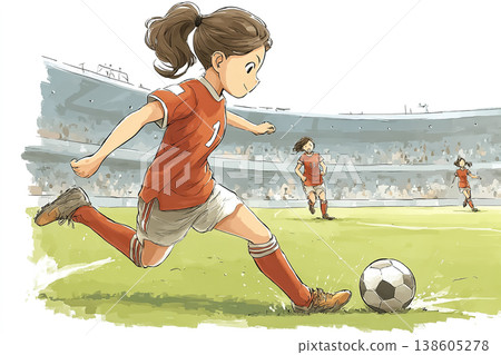 Miyu Series: Illustrations of young female soccer players passing the ball. 138605278