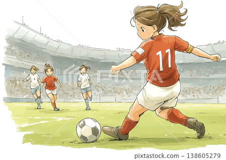 Miyu Series: Illustrations of young female soccer players aiming for a shot 138605279