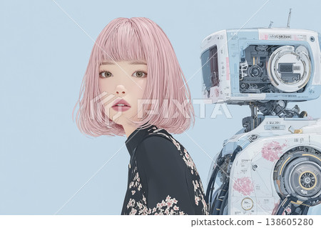 Emi系列：粉紅色頭髮的年輕女子站在機器人旁的肖像插畫。 138605280