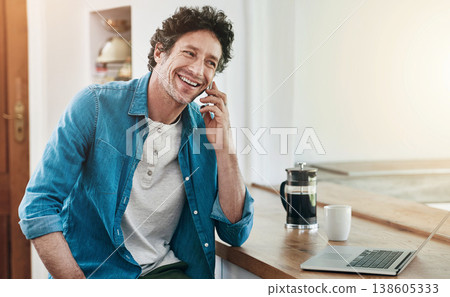 Smile, thinking and man on a phone call about remote work, communication or planning online. Happy, house and a mature businessman or entrepreneur speaking on a mobile for conversation in the morning Smile, thinking and man on a phone call about remote work, communication or planning online. Happy, house and a mature businessman or entrepreneur speaking on a mobile for conversation in the morning 138605333