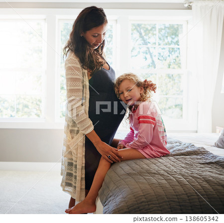 Bed, pregnant woman and child listening to stomach, abdomen or heartbeat for baby support, development or care. Mom expectation, home bedroom and kid check pregnancy, maternity or future life growth Bed, pregnant woman and child listening to stomach, abdomen or heartbeat for baby support, development or care. Mom expectation, home bedroom and kid check pregnancy, maternity or future life growth 138605342