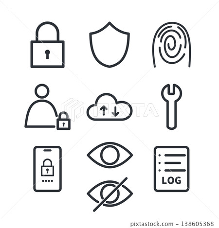 A set of line art icons representing security features, including vector graphics for locks and authentication. 138605368