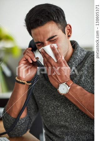 Phone call, sneeze and blowing nose with a man using a tissue closeup in a home for relief from allergy symptoms. Sick, cold or influenza and a person talking with a virus due to pollen or hay fever 138605371