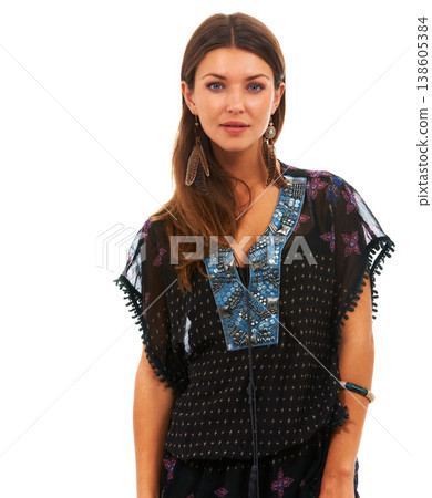 Woman, face and aesthetic portrait with fashion earrings in trendy, bohemian accessories and white background. USA, model and happy in designer for edgy style, brunette and confident in studio mockup Woman, face and aesthetic portrait with fashion earrings in trendy, bohemian accessories and white background. USA, model and happy in designer for edgy style, brunette and confident in studio mockup 138605384