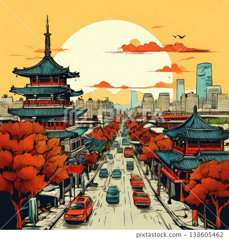 an AI Image Generator, Big Ben and Westminster in London During a Vibrant Red Sunset 138605462