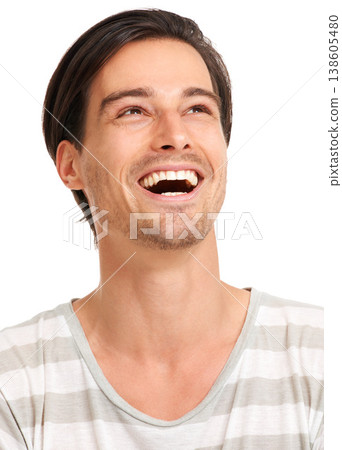 Man, happy and fashion aesthetic with relax, looking up and laughter by white background in studio. Handsome young model, male and smile with confidence in positive, mockup and casual style for fun 138605480