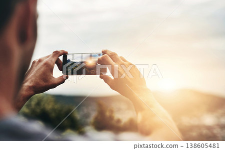 Sunset, photography and hands of man with phone, screen and post on social media with nature, landscape or sun. Cellphone, photo and person with tech for memory of vacation, holiday or outdoor view 138605481