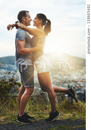 Love, hiking or happy couple hug in nature on outdoor date for care with support, loyalty or trust in park. Romantic man, wellness or woman on holiday vacation together to celebrate, relax or smile 138605482