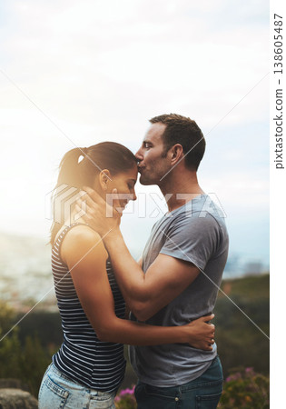 Forehead, love or happy couple kiss in nature outdoor date with loyalty for romance, care or respect. Mockup space, trust or man with woman together on holiday vacation for bond, support or wellness Forehead, love or happy couple kiss in nature outdoor date with loyalty for romance, care or respect. Mockup space, trust or man with woman together on holiday vacation for bond, support or wellness 138605487