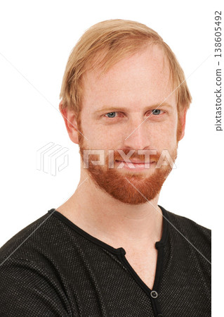 Happy man, portrait and face of ginger standing or mockup isolated against a white studio background. Closeup of male person or model with smirk, blue eyes and beard in casual fashion or style Happy man, portrait and face of ginger standing or mockup isolated against a white studio background. Closeup of male person or model with smirk, blue eyes and beard in casual fashion or style 138605492