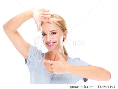 Portrait, woman and finger frame in studio to review creative profile picture on white background. Happy model check perspective for photography ideas, planning selfie and hand sign to border face Portrait, woman and finger frame in studio to review creative profile picture on white background. Happy model check perspective for photography ideas, planning selfie and hand sign to border face 138605493