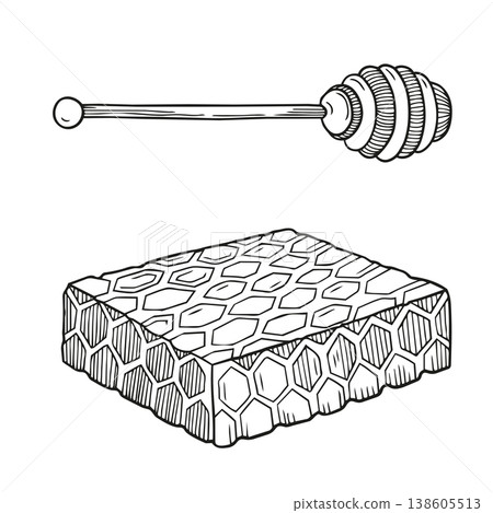 Hand-drawn graphic detailed illustrations of honey dipper and honeycombs isolated on white background, ingredients, product design 138605513