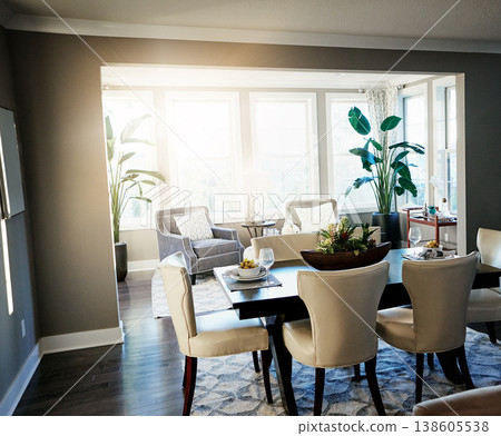 Home interior, elegant dining room and modern house with chairs, plants and carpet in space. Clean, minimal and elegant furniture in organised open eating area in cozy, stylish and neutral apartment Home interior, elegant dining room and modern house with chairs, plants and carpet in space. Clean, minimal and elegant furniture in organised open eating area in cozy, stylish and neutral apartment 138605538