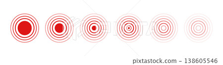 Pain concentric circle icon set. Inflammation pulse signal. Ache mark. Hurt relief. Red ripple circles. Health graphic wave sign. Body disease target. Headache, muscular pill. Vector illustration Pain concentric circle icon set. Inflammation pulse signal. Ache mark. Hurt relief. Red ripple circles. Health graphic wave sign. Body disease target. Headache, muscular pill. Vector illustration 138605546