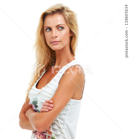 Woman, thinking and mockup in studio question, brainstorming or thought emoji face. Female model person, arms crossed or wondering or uncertain stare for decision choice, confused on white background Woman, thinking and mockup in studio question, brainstorming or thought emoji face. Female model person, arms crossed or wondering or uncertain stare for decision choice, confused on white background 138605634