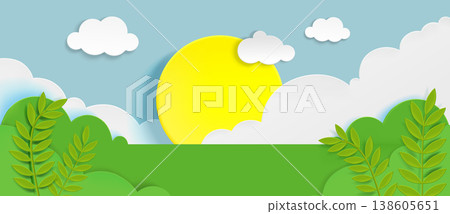 Spring paper cut landscape with grass meadow Spring paper cut landscape with grass meadow 138605651