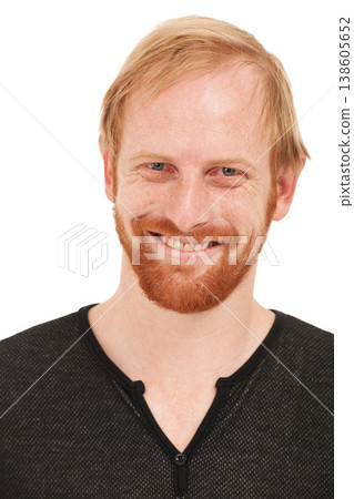 Face, portrait and happy man, ginger or smile isolated against a white studio background. Closeup of male person, USA or model looking in confidence, happiness or ambition in casual style fashion Face, portrait and happy man, ginger or smile isolated against a white studio background. Closeup of male person, USA or model looking in confidence, happiness or ambition in casual style fashion 138605652