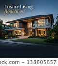 Modern two-story premium house with panoramic windows and evening lighting. Concept of luxury living, architectural design and modern elite real estate. 138605657