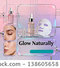 Futuristic template for beauty clinic in glassmorphism style. Sheet mask, serums and glass interfaces on a gentle gradient background. Digital skincare and wellness concept. 138605658