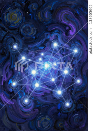 Abstract visualization of artificial intelligence: network of glowing nodes and connections on dark background 138605663