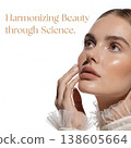 Portrait of a young woman with perfect skin and natural makeup. Concept of aesthetic medicine, anti-aging care and harmony of beauty. Light background with inscription about scientific approach. 138605664