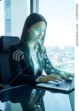 Businesswoman working at laptop with holographic artificial intelligence interface. Futuristic concept of digital transformation, big data analysis and innovation in modern office. 138605666