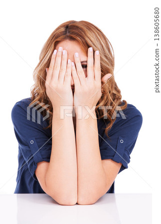 Peeking, woman and eyes in studio for secret, surprise or hiding face on white background on mock up space. Person, girl and hands closing, hide or cover eye for surprised, shocked or scared emoji Peeking, woman and eyes in studio for secret, surprise or hiding face on white background on mock up space. Person, girl and hands closing, hide or cover eye for surprised, shocked or scared emoji 138605680