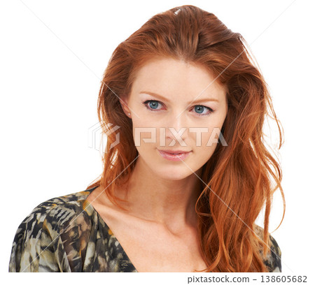 Face, fashion and beauty with a ginger woman in studio isolated on a white background for style. Makeup, skincare or clothes and a confident young model with red hair in a trendy outfit for glamour Face, fashion and beauty with a ginger woman in studio isolated on a white background for style. Makeup, skincare or clothes and a confident young model with red hair in a trendy outfit for glamour 138605682