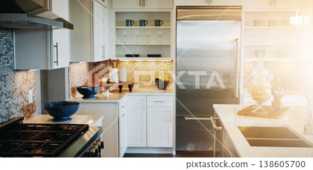 House, kitchen and clean in modern home, morning sunrise and decor in lens flare, apartment and interior design . Real estate, furniture and residential with stylish appliances, empty and spacious House, kitchen and clean in modern home, morning sunrise and decor in lens flare, apartment and interior design . Real estate, furniture and residential with stylish appliances, empty and spacious 138605700