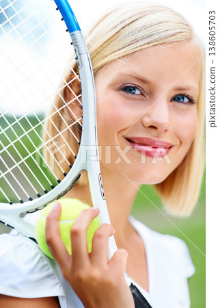 Racket, portrait or happy woman with a ball in tennis training match, fitness exercise or game outdoors. Smile, healthy start or face of girl athlete on court ready for sports, wellness or workout 138605703