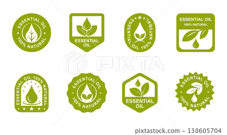 Essential Oil Badge Set. Organic Natural Labels, Herbal Product Stamps, Eco Cosmetic Icons, Pure Botanical Oil Seals, Natural Skincare Branding Elements 138605704