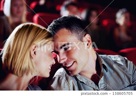 Cinema, date and happy couple watching movie, smile and romantic night together for show. Theater, man and woman with love, trust and care sitting in auditorium audience to relax at film premier 138605705
