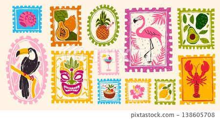 Vintage summer tropical hand drawn postage stamps Vintage summer tropical hand drawn postage stamps 138605708