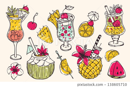 Vintage doodle cocktail, tropical bar sketch print 138605710