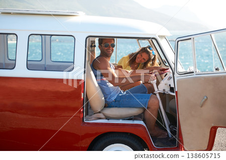 Caravan, transportation and couple on road trip, travel and vacation with portrait of people in relationship. Happiness, freedom and together on adventure with transport, anniversary date and smile 138605715