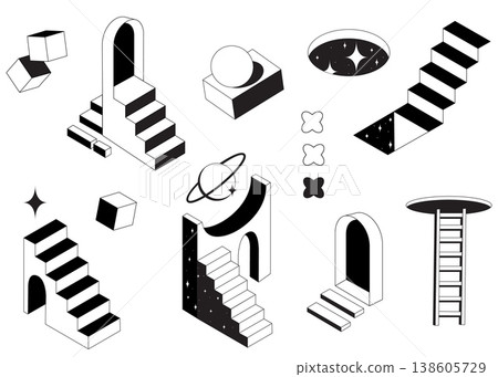 Surreal 3D doors with impossible geometric stairs Surreal 3D doors with impossible geometric stairs 138605729