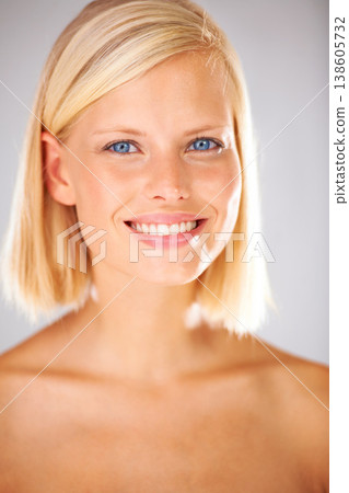 Portrait, smile and woman with cosmetics, skincare and grooming on a grey studio background. Face, happy person and model with luxury, dermatology and beauty with aesthetic, treatment and self care Portrait, smile and woman with cosmetics, skincare and grooming on a grey studio background. Face, happy person and model with luxury, dermatology and beauty with aesthetic, treatment and self care 138605732