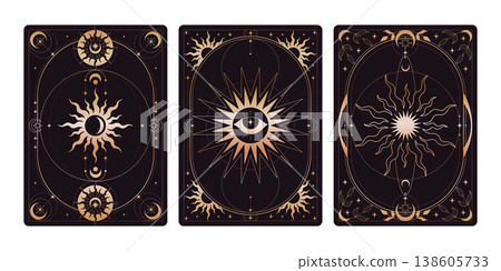 Black tarot cards set with celestial moon and sun Black tarot cards set with celestial moon and sun 138605733