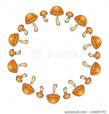 Wreath with Autumn Skullcap inedible mushroom in cartoon style. Decorative forest fungi for menu design, organic package and culinary wallpaper. Wreath with Autumn Skullcap inedible mushroom in cartoon style. Decorative forest fungi for menu design, organic package and culinary wallpaper. 138605747