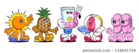 Retro summer beach cartoon characters, mascots Retro summer beach cartoon characters, mascots 138605749