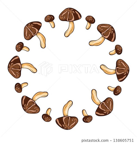 Circular wreath with shiitake mushroom in cartoon style. Decorative forest food composition isolated on white background for menu design, organic packaging and kitchen wallpaper. 138605751