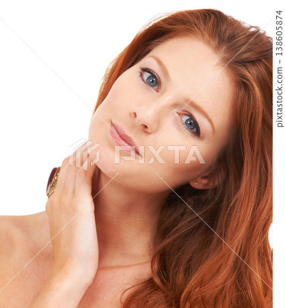 Portrait, beauty and skincare with a ginger woman in studio isolated on a white background for makeup. Face, aesthetic and cosmetics with a confident young redhead model at the salon or hairdresser 138605874