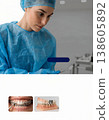 Female dentist conducting an examination. Orthodontics and prosthetics concept: braces on teeth and jaw model with implants. Dental clinic social media template. 138605892