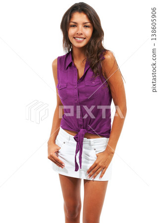 Happy woman, portrait and smile in fashion, clothing or hands in pocket isolated against a white studio background. Attractive female person, handsome or model posing with mini dress on mockup Happy woman, portrait and smile in fashion, clothing or hands in pocket isolated against a white studio background. Attractive female person, handsome or model posing with mini dress on mockup 138605906