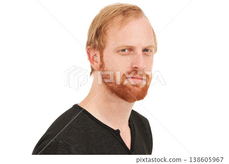 Serious man, portrait and face of ginger standing or posing isolated against a white studio background. Male person or USA model with smirk, blue eyes and beard in casual fashion, style or mockup Serious man, portrait and face of ginger standing or posing isolated against a white studio background. Male person or USA model with smirk, blue eyes and beard in casual fashion, style or mockup 138605967