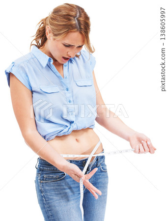 Health, shock and woman with measuring tape on waist, healthy diet and wellness for body care. Figure, nutrition and flat stomach, girl tracking weight loss progress isolated on white background. Health, shock and woman with measuring tape on waist, healthy diet and wellness for body care. Figure, nutrition and flat stomach, girl tracking weight loss progress isolated on white background. 138605997