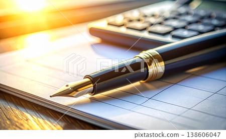 特寫鏡頭展現了財務文件，上面放著一支金色的鋼筆和計算器，以及商業理念。 138606047