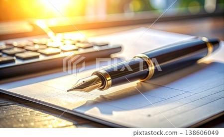 特寫鏡頭展現了財務文件，上面放著一支金色的鋼筆和計算器，以及商業理念。 138606049