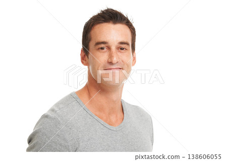 Portrait, happy and a confident man in studio isolated on a white background for fashion or style. Smile, wellness and satisfaction with a young model looking relaxed in a casual clothes outfit 138606055